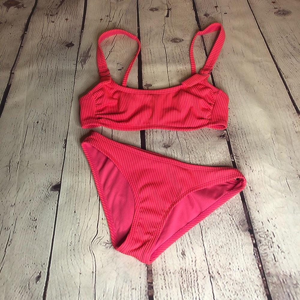 Neon pink ribbed two piece bikini
